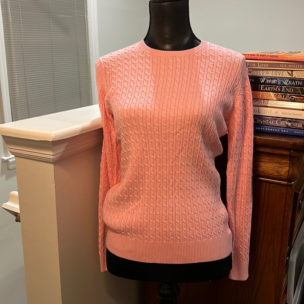 LANDS END beautiful fine cable 100% cotton knit  soft pink sweater